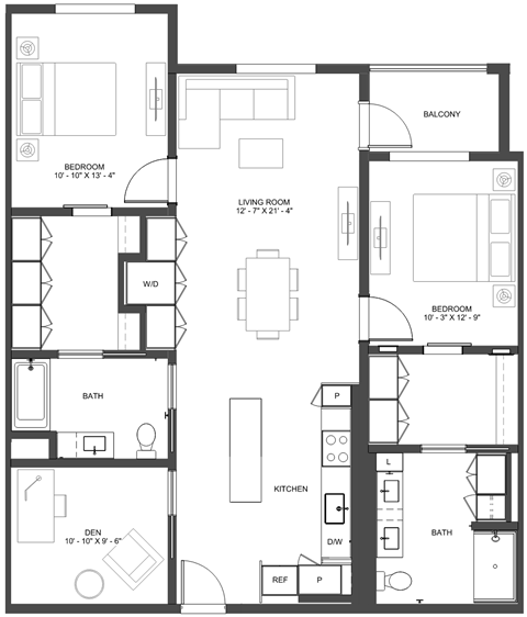 Floor plan for 2 beds, 2 baths, 1305 sqft